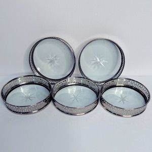 VINTAGE MCM - Star Etched Glass & Silver Wine Coasters / Set of 5!